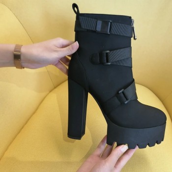 Platform Round Toe Zipper Strap 13cm Chunky Thick Heels Lycra Ankle Boots 